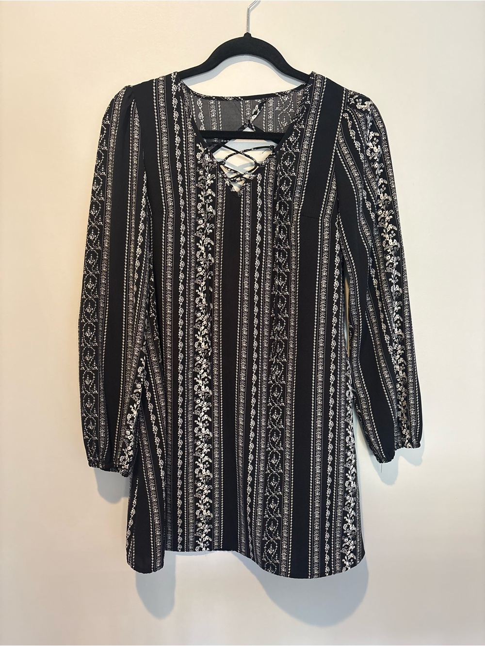 Xhilaration Black & White Striped Lace-Up Long Sleeve Dress